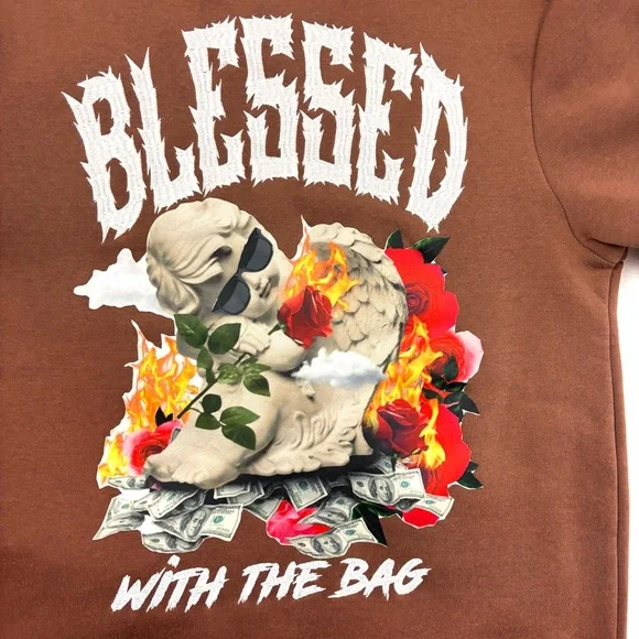 Rebel Minds Brown “Blessed w/ the Bag” Graphic Fleece Lined Hoodie (M) - Picture 8 of 16